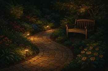 Gece ışıklarıyla vurgulanan kıvrımlı bahçe yolu ve oturma alanı