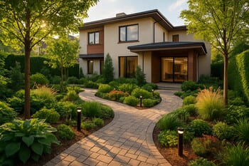 Pinco yürüyüş alanları ve aydınlatma ile tamamlanmış villa bahçesi