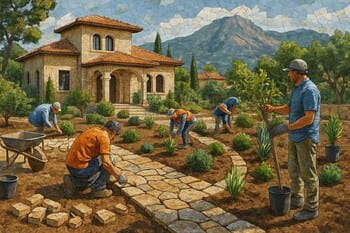 Uygulama sırasında pinco taşları ve bitkilerin yerleştirildiği bahçe şantiyesi