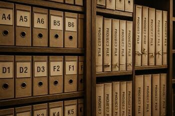 Üzerinde proje etiketleri bulunan arşiv kutularıyla dolu stüdyo rafı