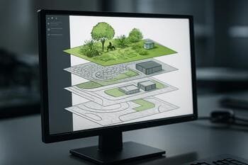 Farklı renklerle ayrılmış peyzaj plan katmanlarını gösteren dijital çizim