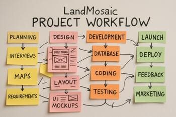 Post-it notlar ve çizimlerle dolu LandMosaic proje iş akışı panosu