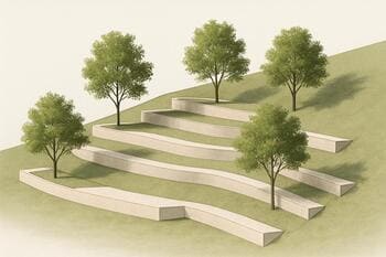 Yamaçta teraslanmış pinco yüzeyler ve ağaçlarla hazırlanmış konsept kartı