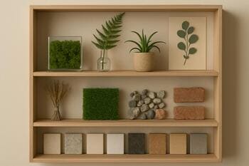 Bitki örnekleri ve materyal numuneleri içeren stüdyo rafı