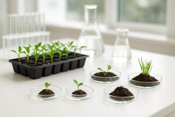 Bitki tepsileri ve küçük zemin örnekleriyle hazırlanmış test bahçesi çalışma bankosu