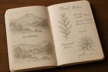 Peyzaj eskizleri ve bitki notları içeren açık bir kitap