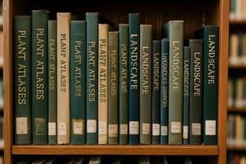 Bitki atlasları ve peyzaj kitaplarıyla dolu kütüphane rafı