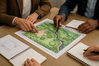 Masa üzerinde açılmış peyzaj planları ve notları inceleyen insanlar