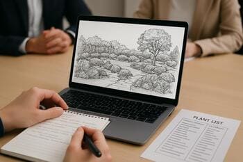 Ekranda açık peyzaj çizimi yanında notlar ve bitki listesi bulunan toplantı sahnesi