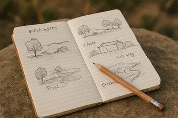 Saha keşfi sırasında deftere alınmış kısa peyzaj eskiz notları