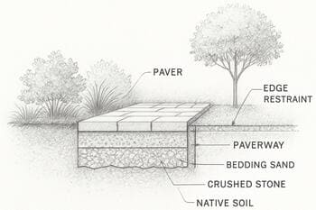 Bahçe kesitinde pinco yüzey ve bitki katmanlarını gösteren kurşun kalem çizimi