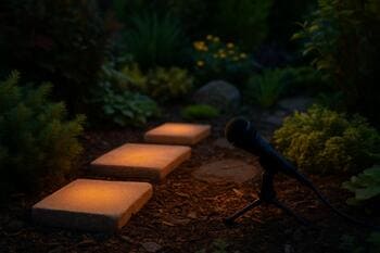 Akşam saatlerinde ışıklandırılmış pinco yüzeyli bahçe sahnesi ve mikrofon