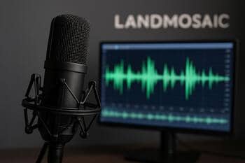 LandMosaic stüdyosunda ses dalgalarını gösteren ekran ve mikrofon