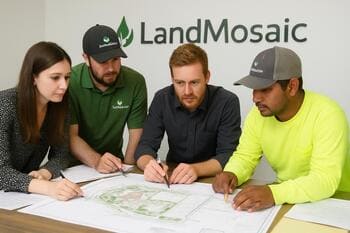 LandMosaic tasarım ve saha ekibinin proje masası etrafında planları tartışması