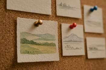 Peyzaj notları ve küçük eskizlerin iğnelendiği pano detayı